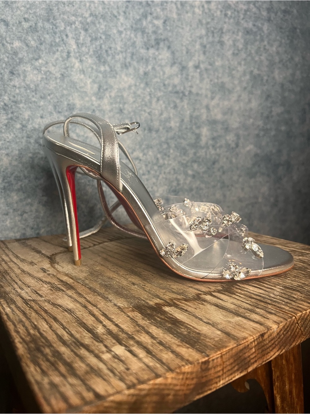 UNWORN Christian Louboutin Silver Crystal Embellished PVC Strappy Heels | EU 40
